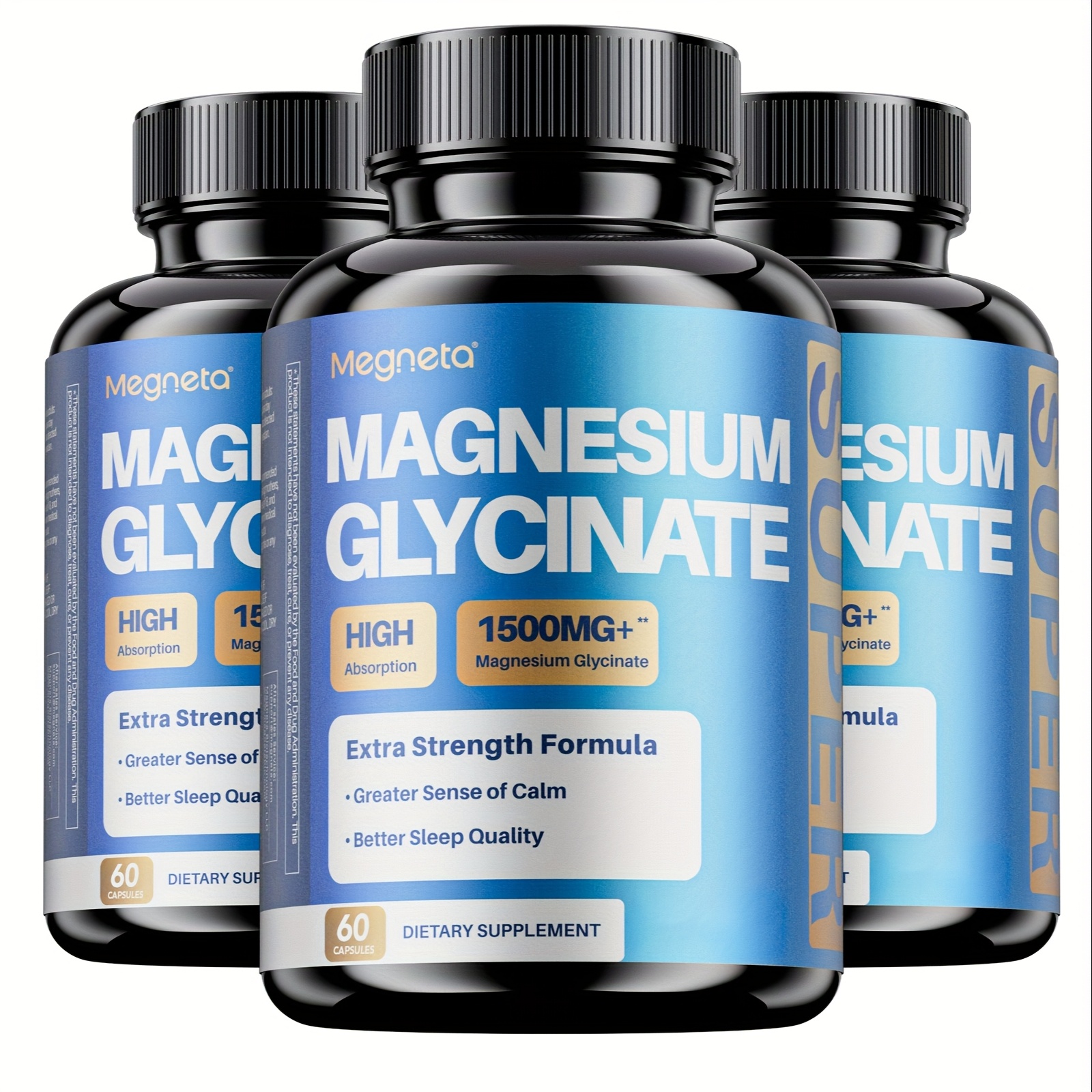 Megneta Magnesium Glycinate with Vitamins B6 & D3 for Sleep, Calm, Muscle & Heart Health, 60 Capsules