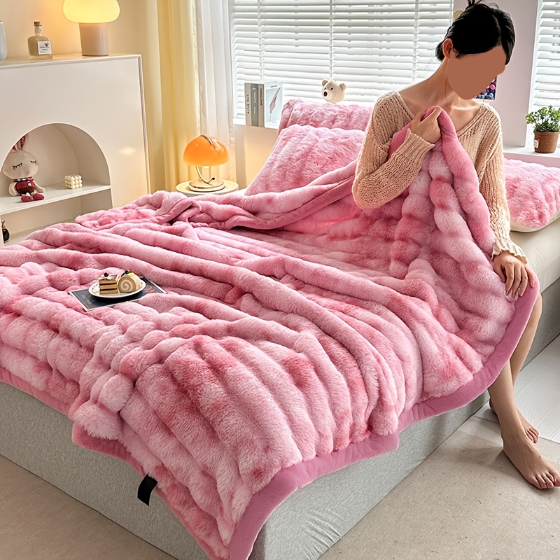 

Luxurious Dual-sided Rabbit Fur Blanket - Plush, Soft, And Warm Pink Fluffy Throw For Sofa, Office, Camping, Travel - Gift, Polyester .0%