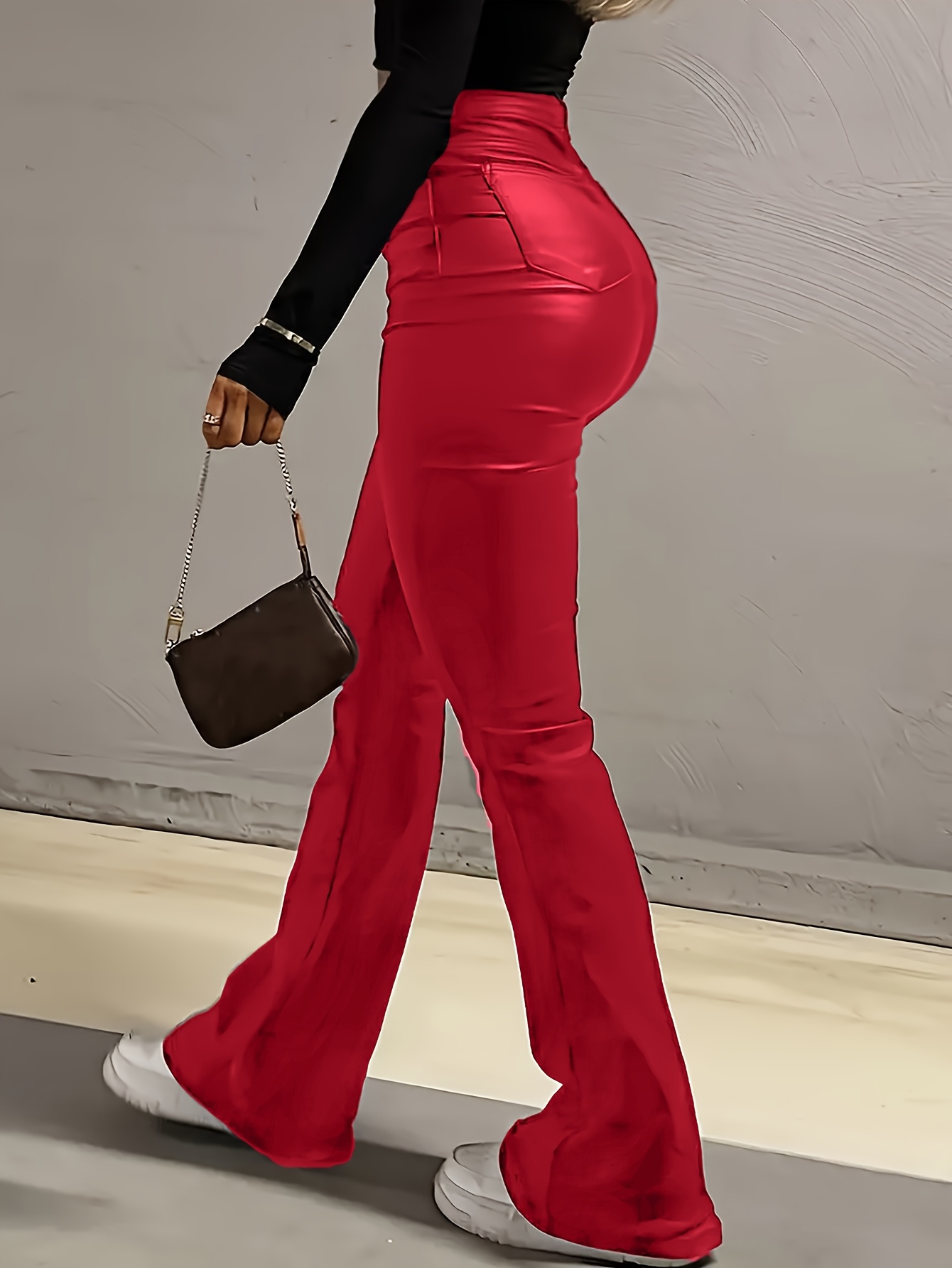 Elegant High-Waist Stretch Flare Jeans for Women - Comfort Fit with Pockets, Non-See-Through, Solid Color
