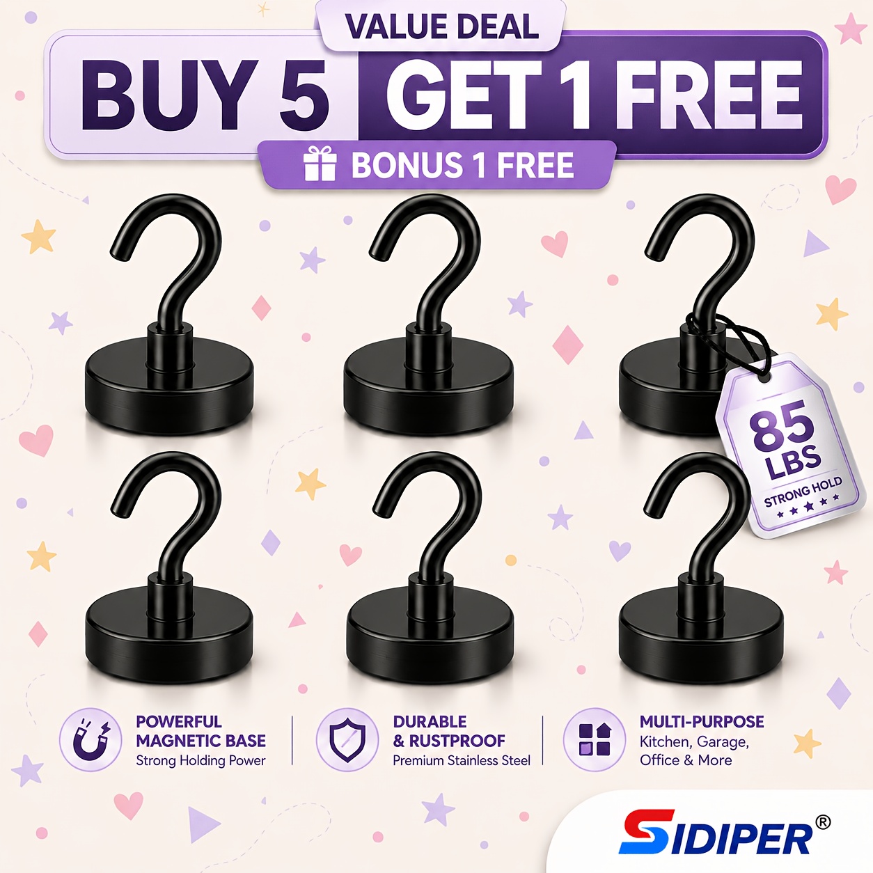 TEMU Buy 5 Get 1 Free, 6pcs Magnetic Hooks, 85lb Holding Capacity, Compact Metal Hanging Hooks For Cruise Cabins, Refrigerators, Toolboxes, Kitchens,