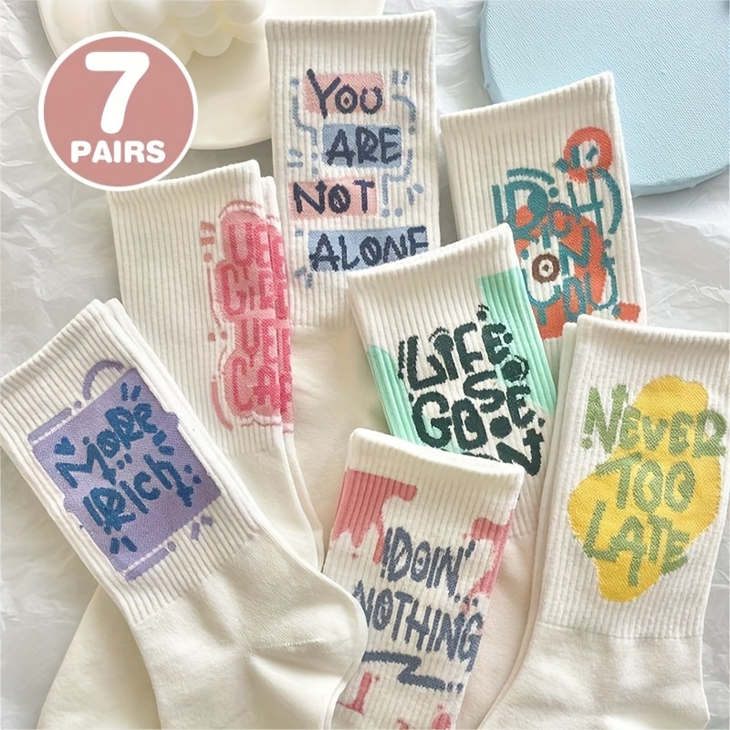 

3/4/7 Pairs Of Boy's & Girl's Trendy Letter Graffiti Crew Socks, Cotton Blend Comfy Breathable Socks For Teenager Outdoor Wearing All Seasons Wearing