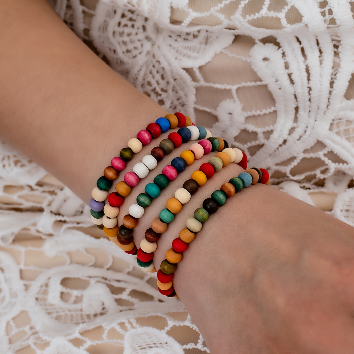 

Boho-chic 5-piece Wooden Beaded Bracelet Set - Colorful, Vintage & Minimalist Style For Everyday Wear