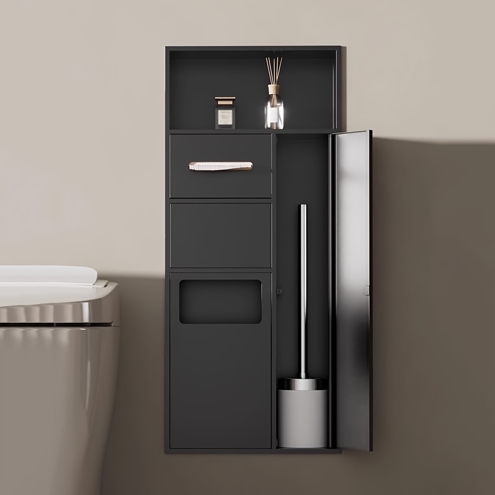 Image of Recessed Toilet Brush Holder With Cabinet, Stainless Steel Bathroom Niche, Large Wall Mounted Toilet Paper Holder, Multifunctional Bathroom Storage Shelf Niche