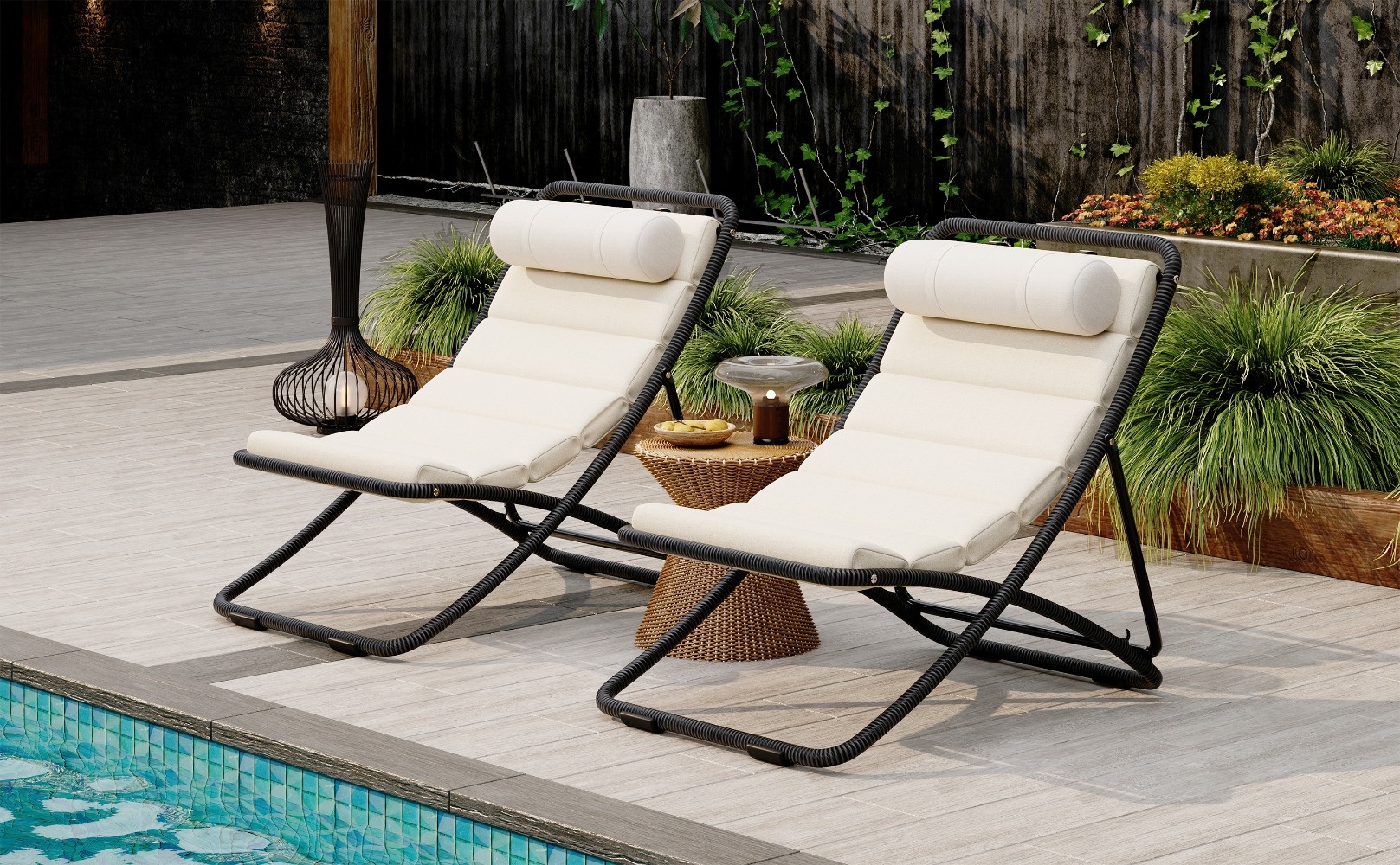 [Outdoor Folding Chair] TREXM 2pcs Outdoor Folding Chair, Rattan-Wrapped Patio Chair with Adjustable Backrest, Thick Cushion, and Detachable Headrest, for the Poolside, Beach, Backyard, Decck, and Camping