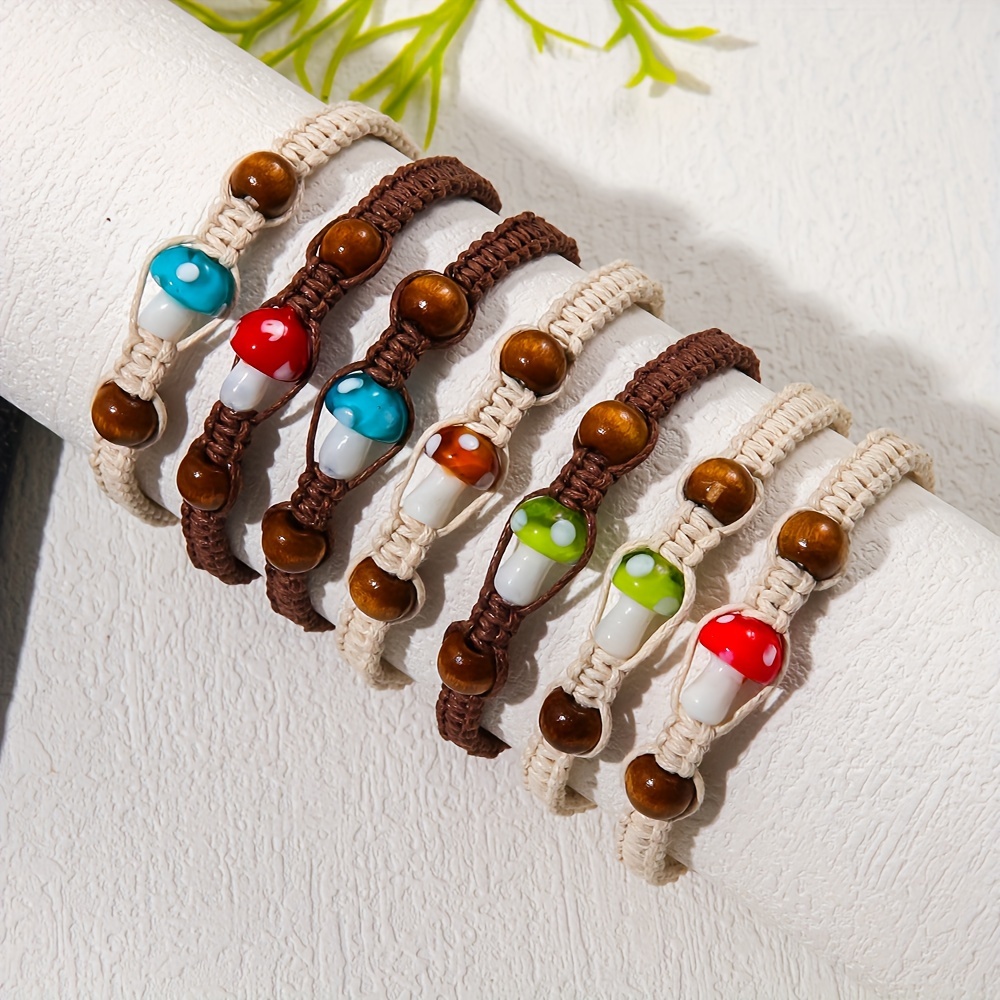 

1 Pc Multi Color Mushroom With Rope Braided Bracelet Bohemian Vintage Style For Women Adjustable Hand Rope