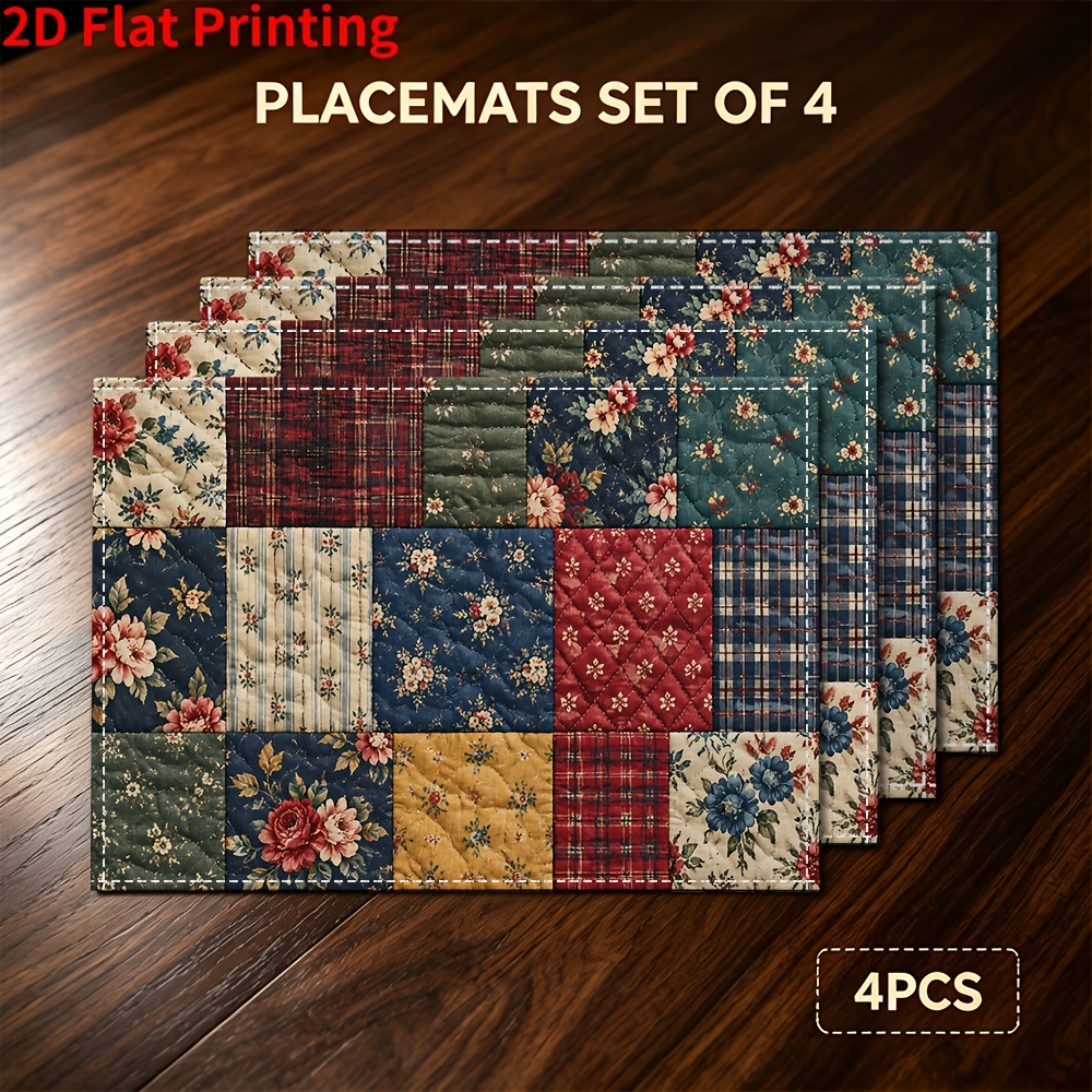 TEMU Quilted 4pcs Placemats, Floral Squares 2d Flat Printed Style, Farmhouse Placemats Kitchen Mats, Red Blue Green Yellow Blocks, Stitched Texture,
