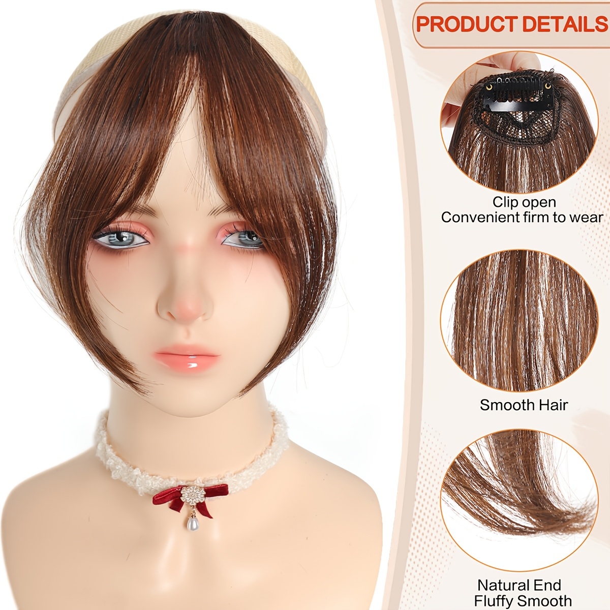 chic look elegant brown blonde clip in bangs wig for women fluffy synthetic hair with   fringe high temperature resistant versatile styling options short hair wig details 3