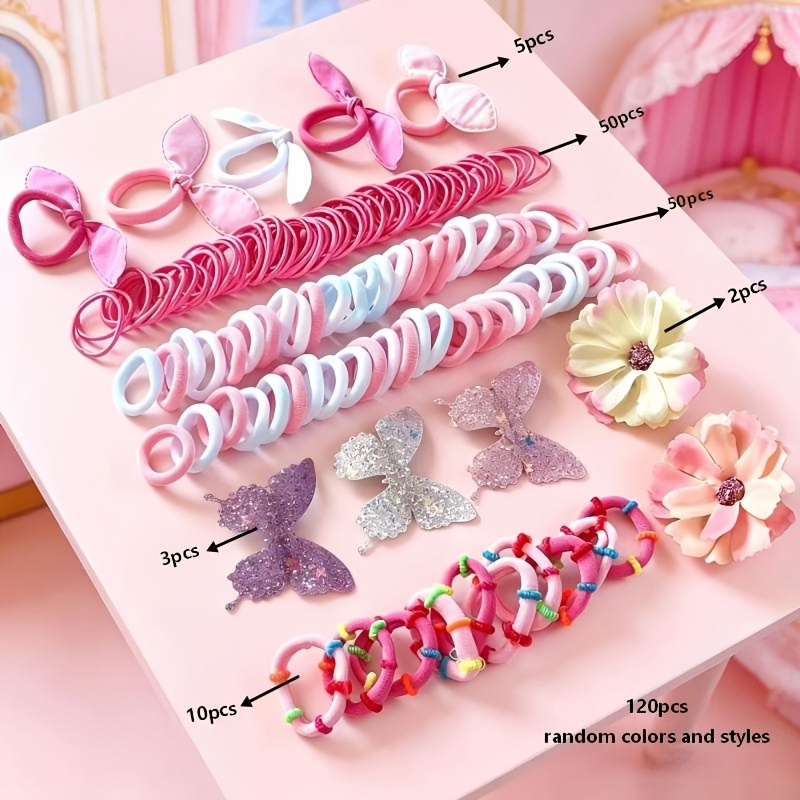 TEMU Ensemble de 120 accessoires pour cheveux mignons et multicolores, couleurs aléatoires, comprenant divers élastiques à cheveux, bandes élastiques