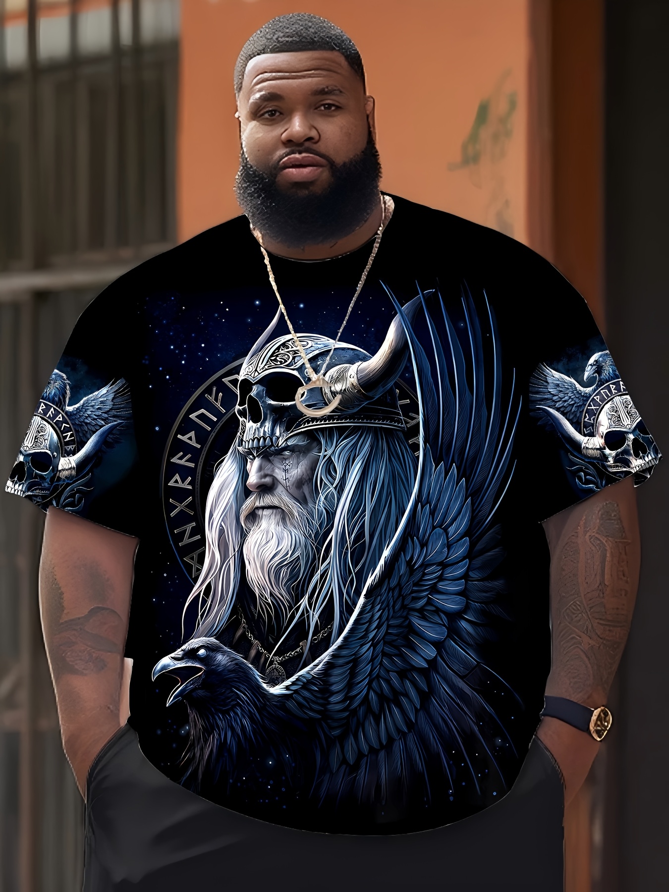 Men'S Odin'S Warrior Viking Style 3D Print T-Shirt - Casual Crew Neck, Short Sleeve, Regular Fit, 100% Polyester Knit Fabric with Stretch, Norse Mythology Design, PLUS SIZE