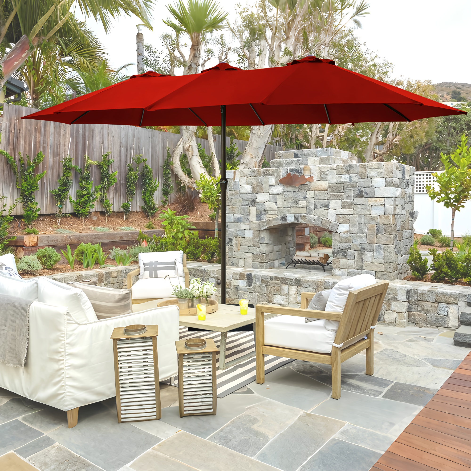 15-foot Long Rectangular Large Outdoor Patio Umbrella, Includes Base, Double Table Umbrella With A Crank Handle, Market Umbrella - UV Resistant, Heavy-duty Pool Umbrella, Suitable For Lawns, Backyards, And Gardens.