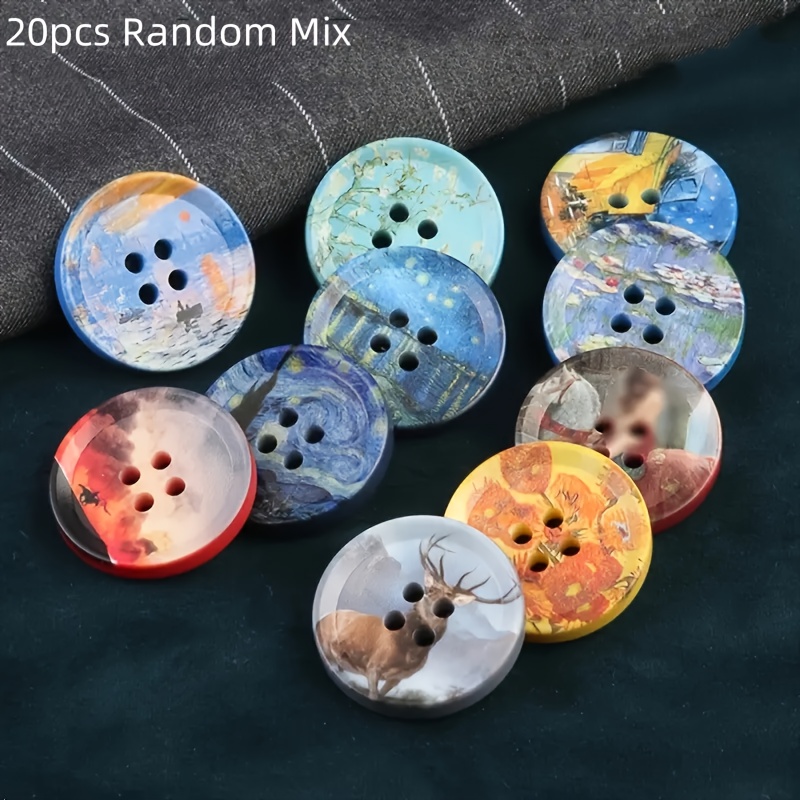 E-shop 20 Stück Künstlerische Ölgemäldeknöpfe - Van Gogh Sternennacht, Seerosen, & Mehr – Langlebige Runde Resin-Dekoknöpfe mit Handgemaltem Look für