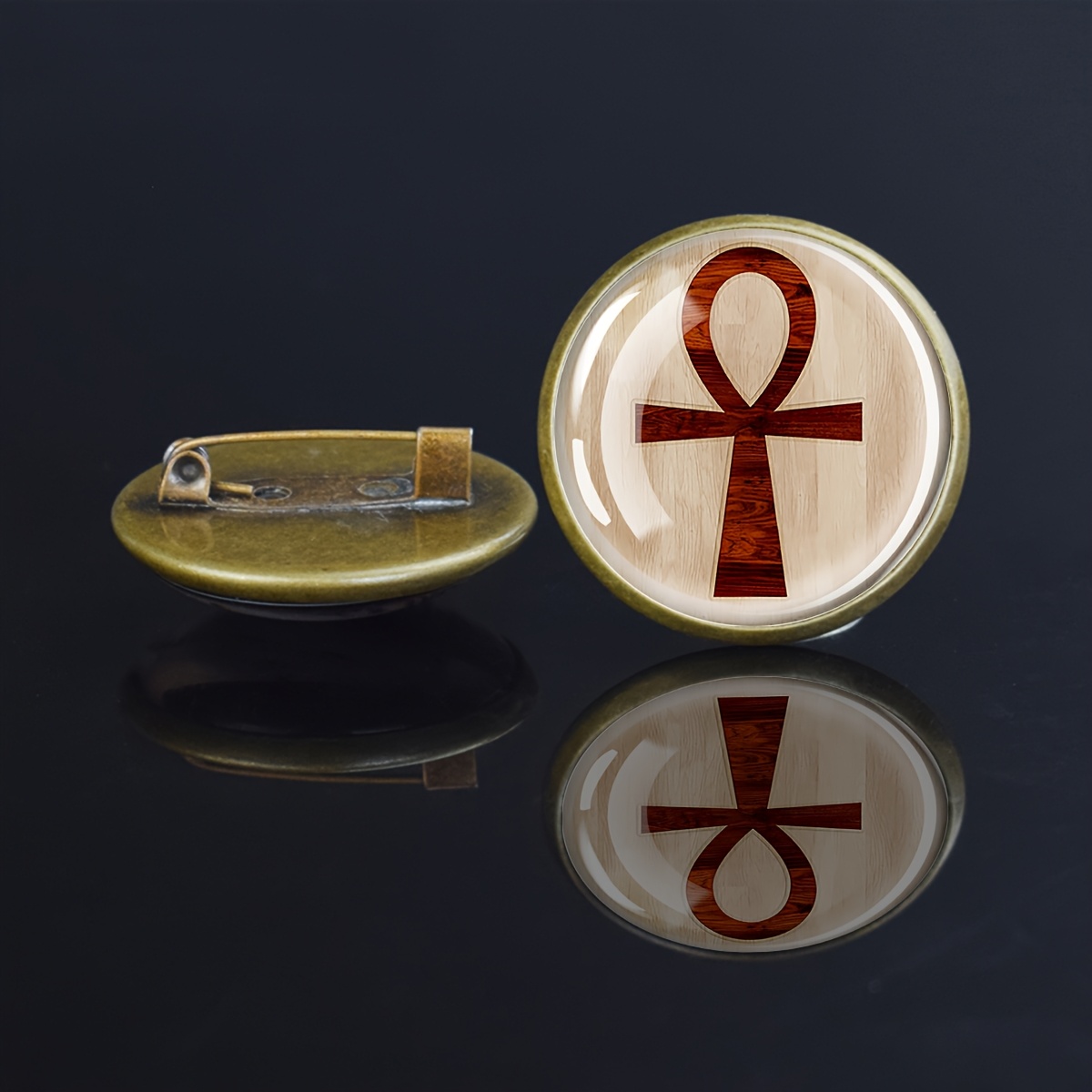 TEMU 1 broche ronde avec un symbole d'ankh et incrustation de verre, conçue universellement pour hommes et femmes, parfaite cadeau ou accessoire