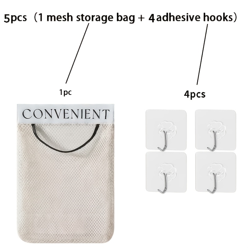 TEMU 5pcs Set: Storage Bag + 4 Adhesive Hooks. Kitchen Hanging Mesh Storage Bag, Large-capacity Wall-mounted Organizer Bag, Reusable Over-the-door