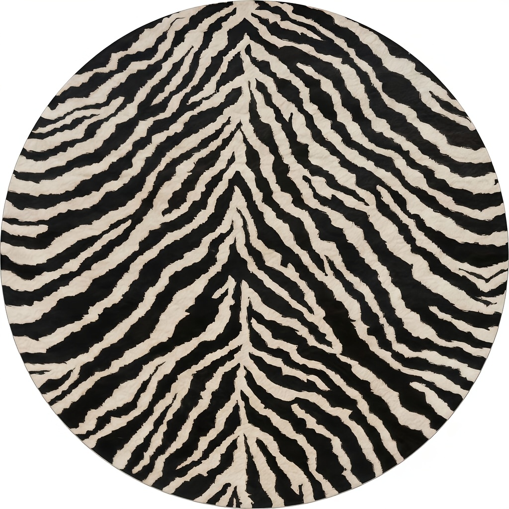 TEMU 1pc Zebra Stripe Round Carpet - Luxury Soft Circular Rug Suitable For Bedside, Kitchen, Bathroom - & , Machine Washable Flat Weave Bed Rug,