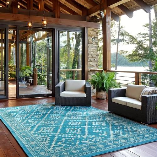 extra large outdoor indoor area mat heavy duty pp polypropylene high quality mat with turquoise beige lattice border for patio deck rv camping clean indoor outdoor outdoor rugs patio decor stylish patio accessory