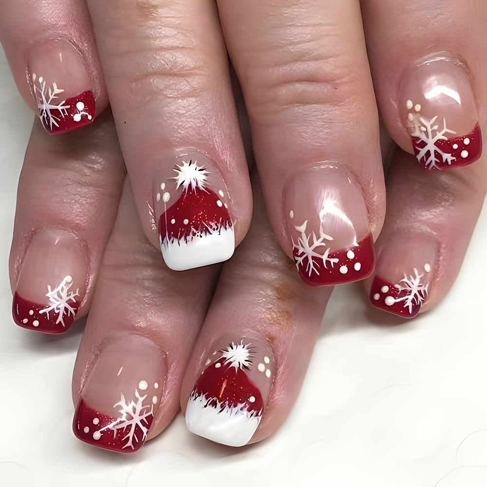 

24pcs Christmas Press-on Nails Set - Red French Tip With Santa Hat & Design, Short Square False Nails For Holiday Parties & Casual Attire, Christmas, Square