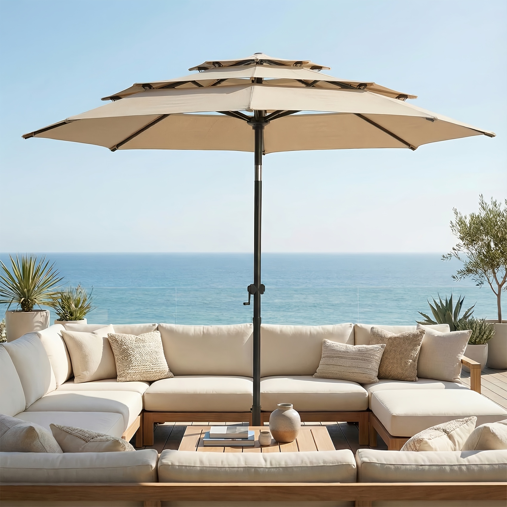 10Ft 3 Tiers Market Umbrella Patio Umbrella Outdoor Table Umbrella With Ventilation, Outdoor Umbrella For Patio, Pool Umbrella, Polyester Canopy, Suitable For Patio, Pool, Garden, Backyard, Deck, Base Not Include, Father'S Day Gift