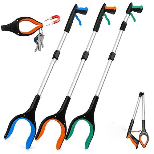 item picture 3pcs 1pc gripper and 2pcs cloths foldable grabber reacher 360 rotating claw with magnetic tip heavy duty litter picker upper long arm reaching assist tool for seniors garden and outdoor trash pickup