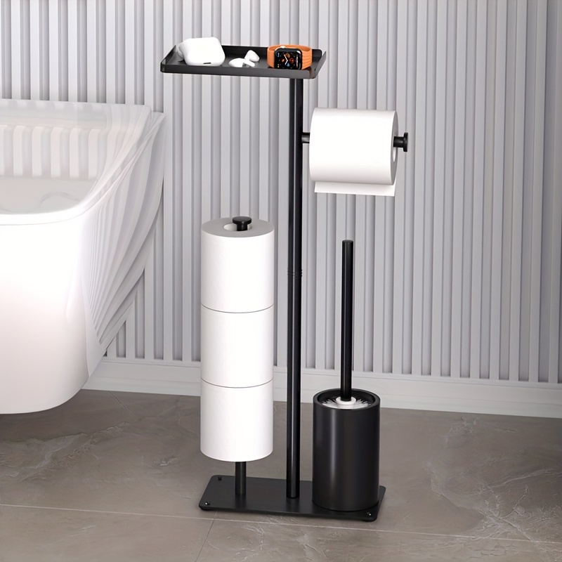 TEMU 1pc Freestanding Toilet Paper Holder With Storage Shelf And Toilet Brush, Space-saving Modern Bathroom Organizer