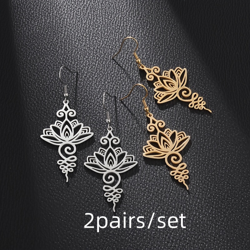 

2 Pairs/set European And American Retro Simple And Exquisite Hollow Lotus Hook Earrings For Men And Women Unisex Stainless Steel Jewelry