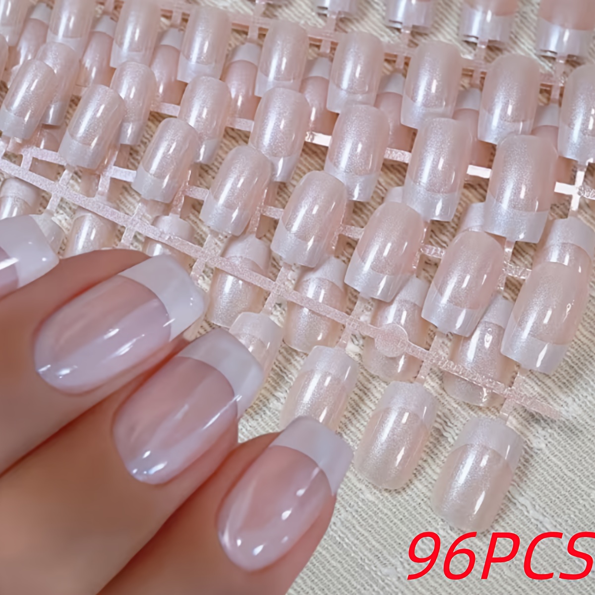 E-shop 96 Stück Perlglänzende Pinke Weiße Quadratische Press-On-Nägel, Modische Elegante Falsche Nägel, Geeignet für Frauen für Festivals, Partys, ,