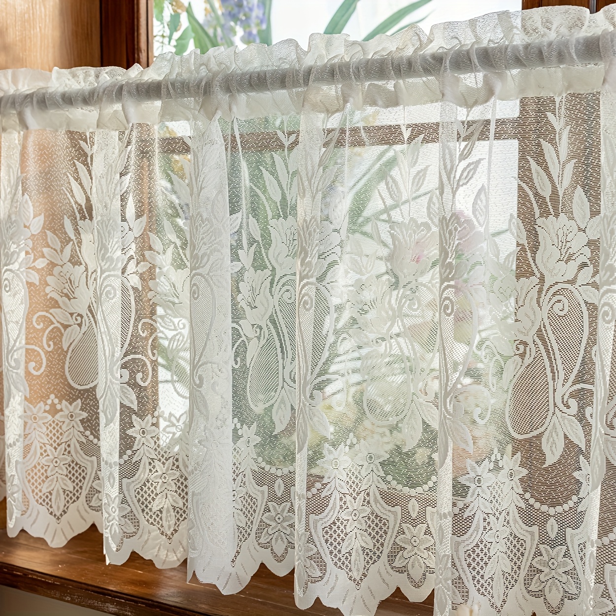 Image of 1panel Bohemian Lace Sheer Summer Curtains, Rod Pocket Hanging, Suitable For Living Room, Bedroom, Balcony, Kitchen, Cottage, Garden, Window Decor, Etc