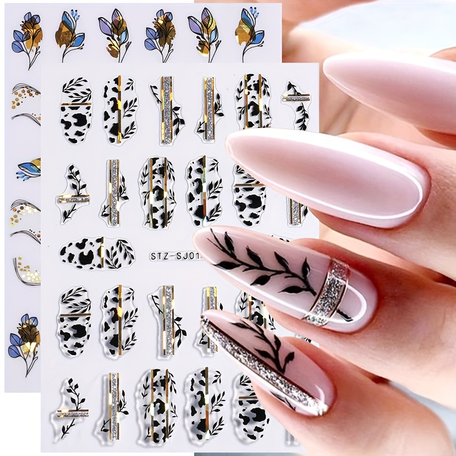 

Full Beauty 2pcs Leaf Nail Art Stickers - Self-adhesive 3d Floral & Animal Print Manicure Decals With Glitter, Hypoallergenic Plastic Leaf Pattern Nail Wraps For Decoration, Glossy Finish