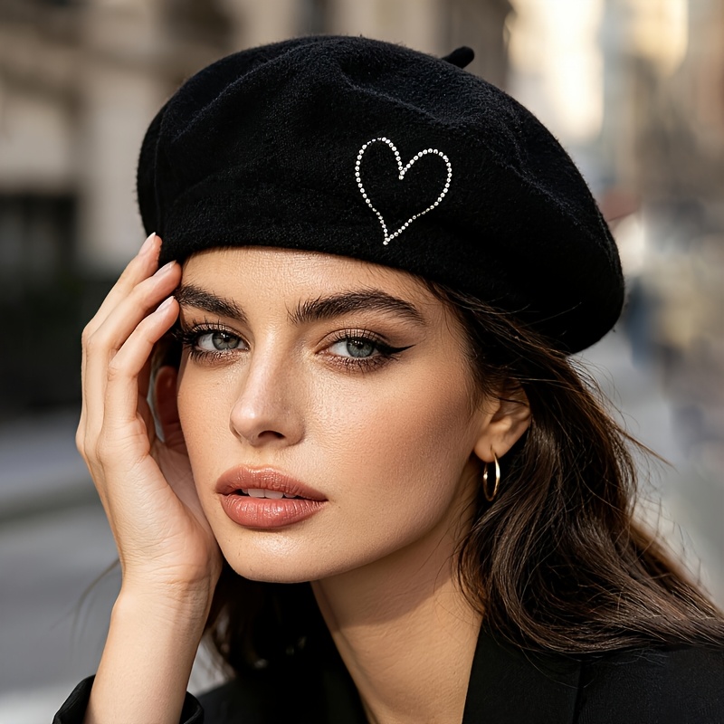 TEMU Christmas 1pc Women's Wool Beret Hat With Rhinestone Heart Decoration - Thickened Warm Suitable For , Machine Washable Lightweight Non-stretch