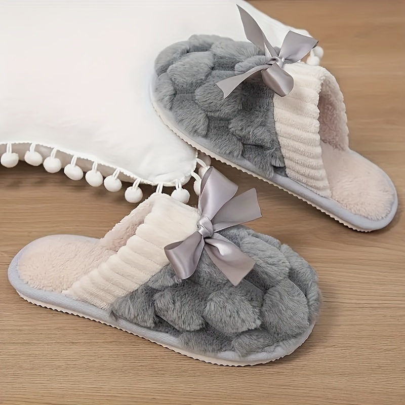 Image of Solid Warm Slippers, Slip On Soft Sole Fluffy Flat Bowknot Decor Shoes, Winter Plush Cozy Non-slip Shoes, Women Shoes