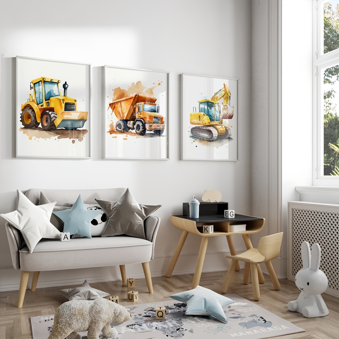 

3pcs Cartoon Construction Truck Canvas Art Set - , Vehicle-themed Wall Decor For Playroom & Winter Room Decoration