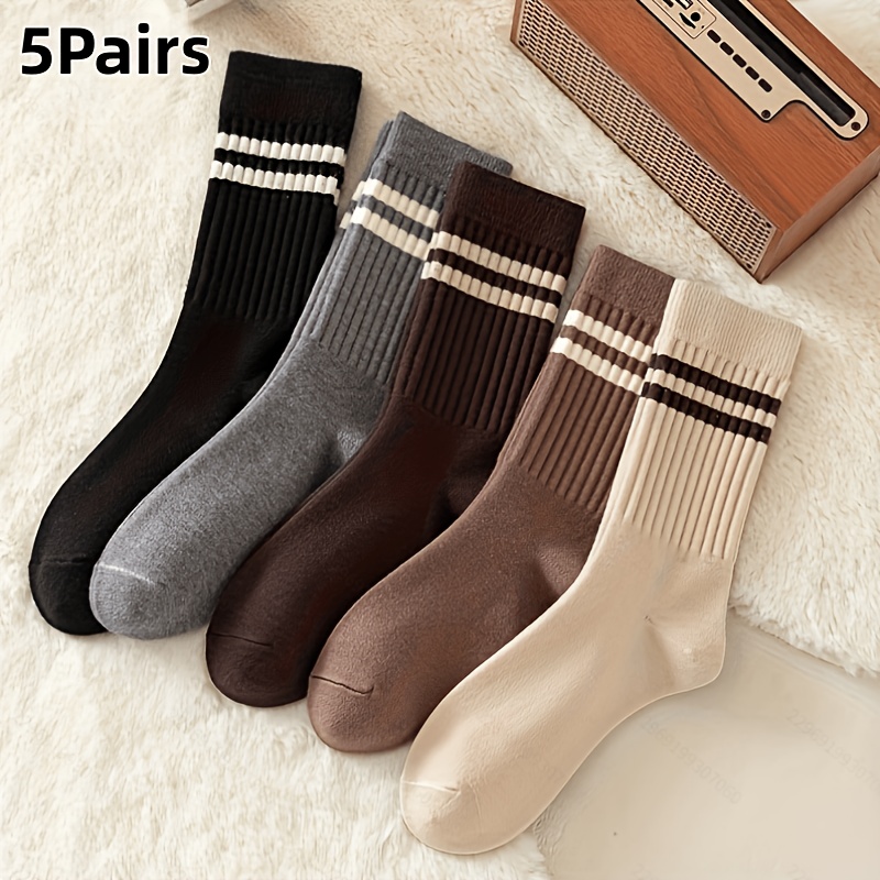 Image of Random 5/4/3/ Brown Double-bar Mid-calf Socks [autumn/winter Style] Korean Fashion Versatile Women's Socks