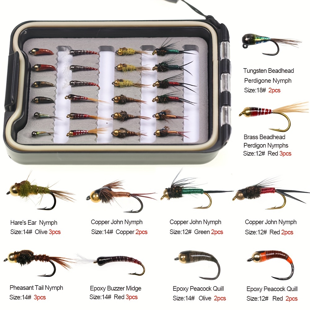 

24pcs Fly Kit Storage Box - Assorted , & Perdigones For Trout, Bass, Grayling & Panfish - Includes & Brass