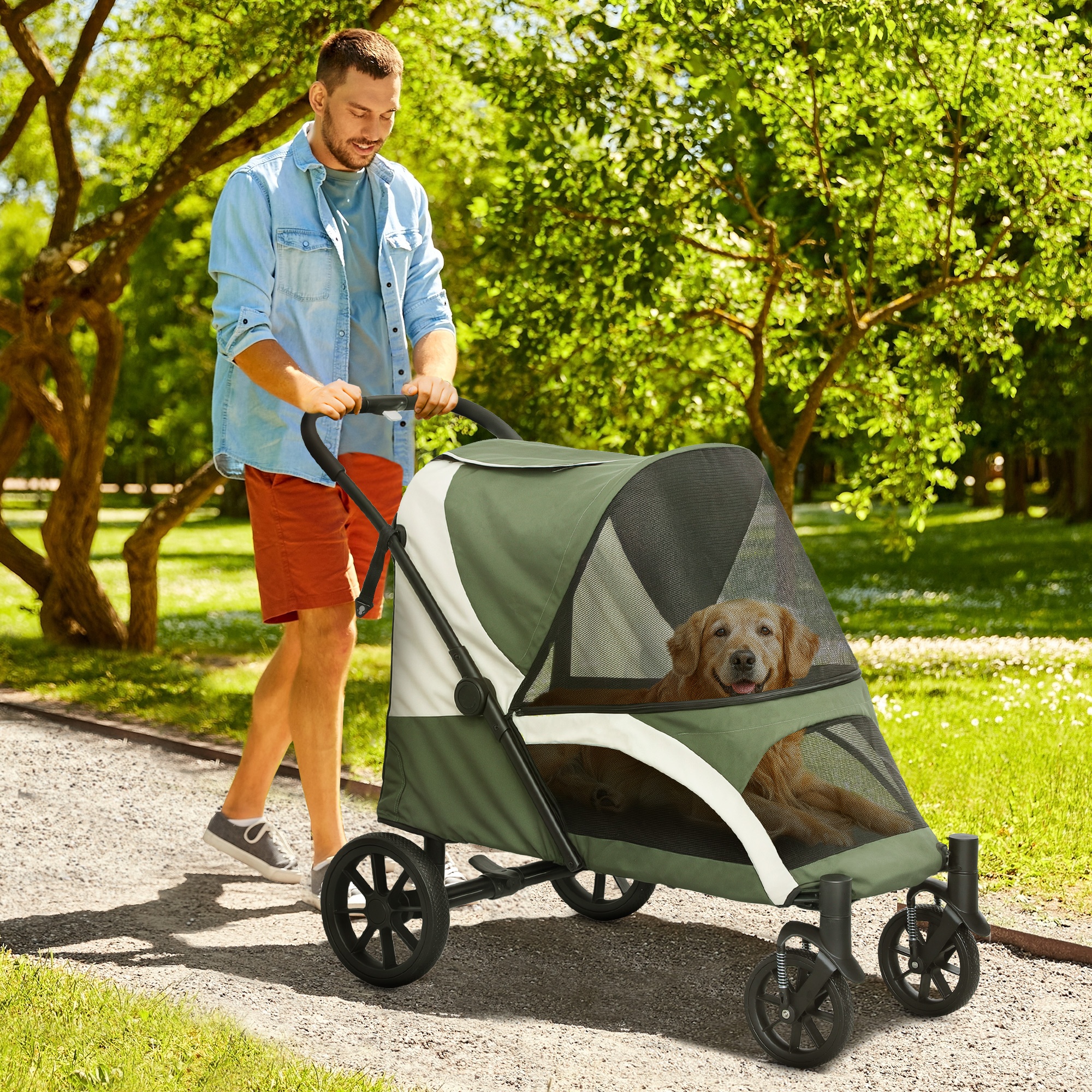 TEMU Pawhut Extra Large Heavy-duty Pet Stroller For Large Dogs - Heavy Duty Up To 44 Lbs, Foldable Travel Carrier With Wheels, , Removable Washable