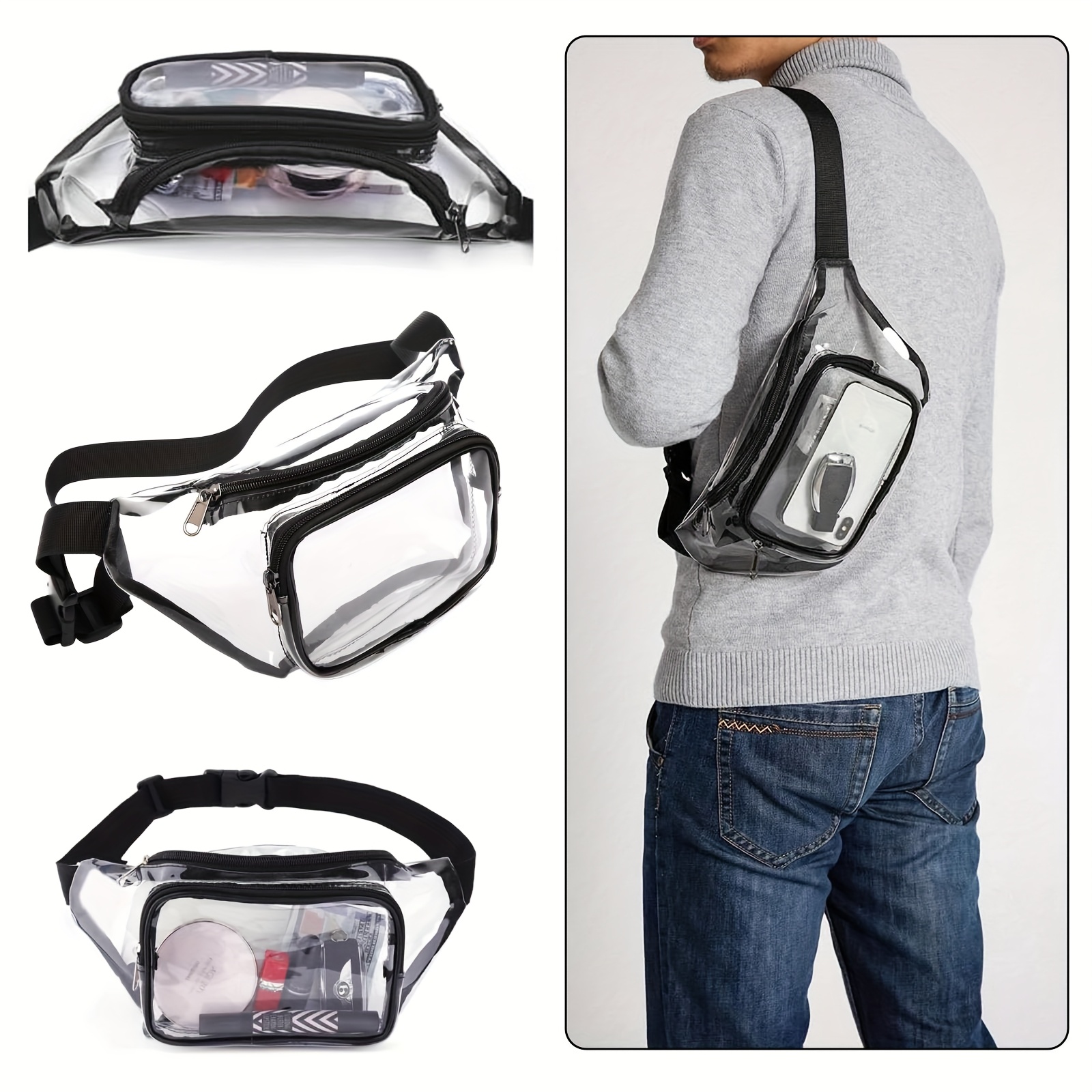 TEMU Stadium Approved Transparent Pvc Waist Bag, Clear Zipper Belt Bag With Adjustable Strap, Contemporary Pouch For Outdoor Sports, Travel & Beach Activities, Beach Bag Accessories