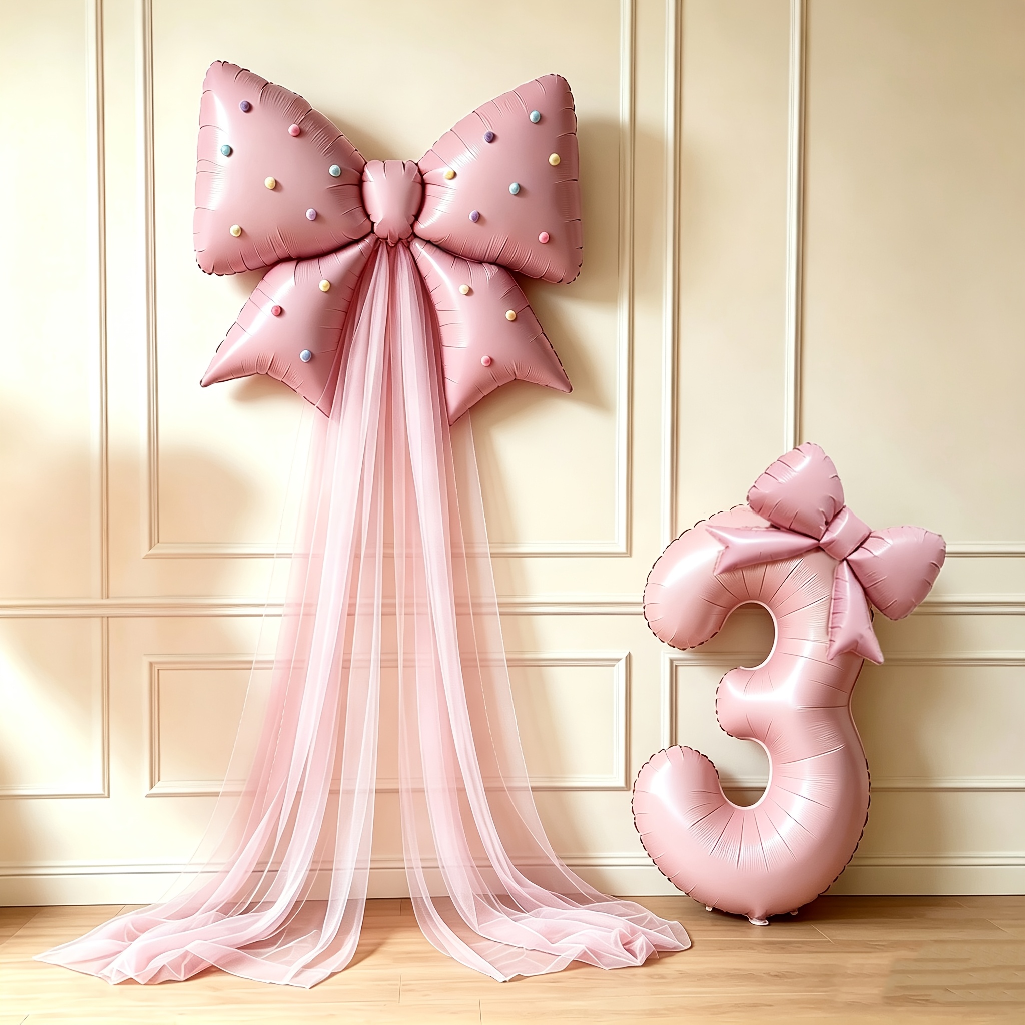 TEMU Gentle Macaron Pink Number Balloon Big Bow Set, With Tulle Background, Birthday Party Scene Handmade Balloon Wall Decoration, Anniversary