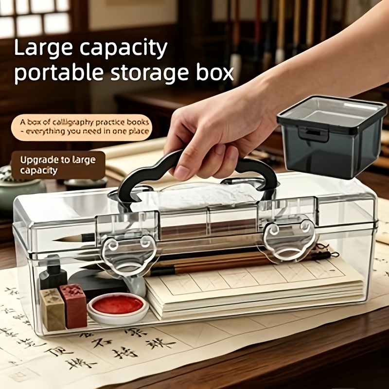 2pcs Transparent Calligraphy & Painting Supply Case with Lid - Moisture-Proof Portable Multi-Compartment Organizer Suitable for Artists, Clear Plastic Storage Box for Brushes, Ink Stones, Markers, Tubes - Travel & Studio Use for Calligraphy Tools