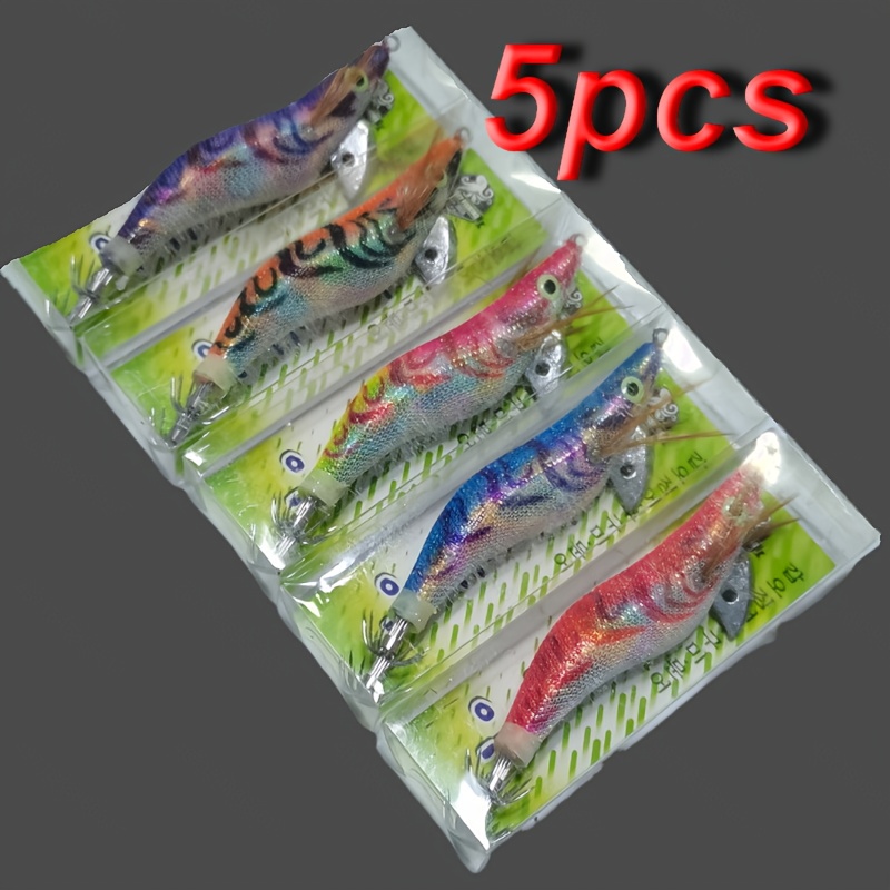 TEMU 5pcs Squid Fishing Lure Set - Vibrant, Realistic Shrimp Artificial Bait With Double-layer Umbrella Hooks, Durable Abs Material, Suitable For And