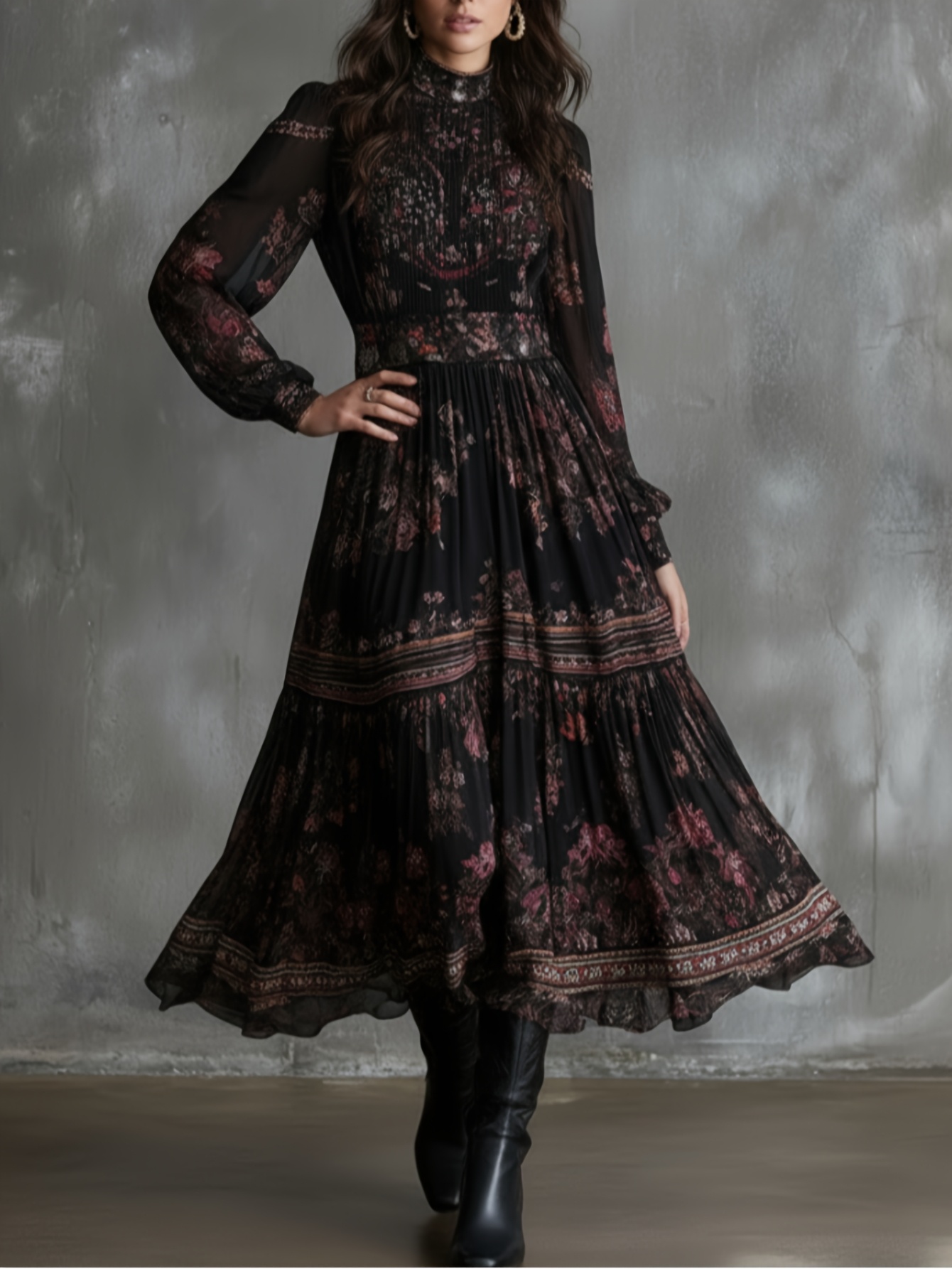 Women' Gothic * Print Dress - High-Collar Long Evening Gown with Stand  Collar & -Length, Fitted Bodice & Flowing Train for Weddings * * -  Autumn/Winter Formal Attire