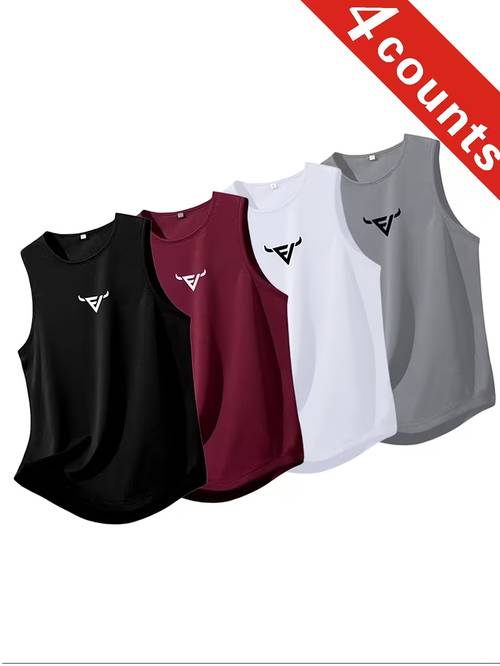 4pcs mens print breathable polyester sleeveless shirt moisture wicking athletic tank top suitable for gym running training outdoor casual wear lightweight shirt for workout apparel machine washable