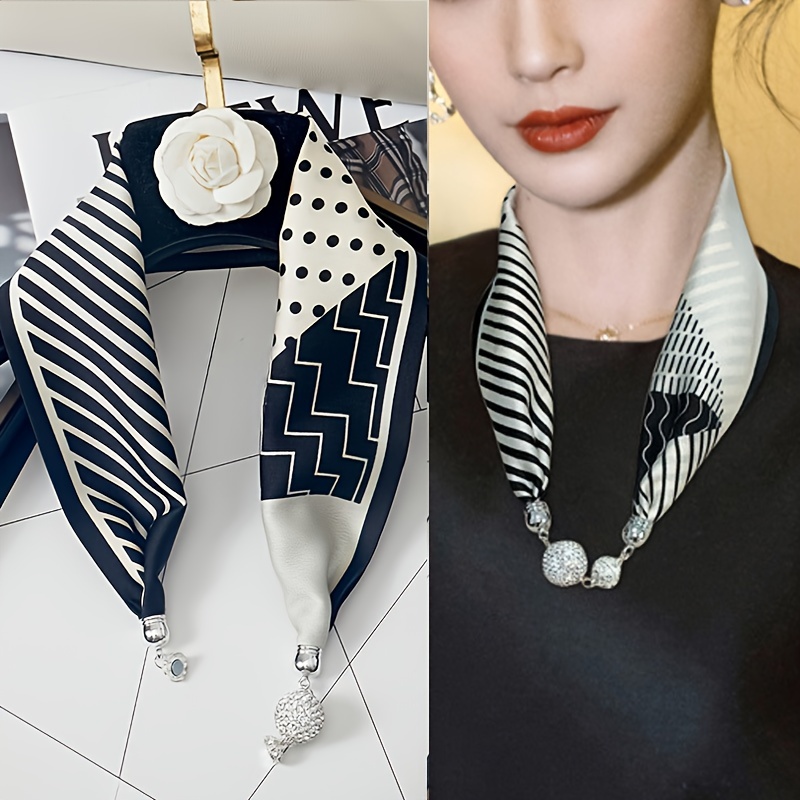 

Elegant Necklacescarf With Magnetic Button Closure, Anti-slip Long Strip Design, Black And White Geometric Patterns, Versatile Accessory For Women