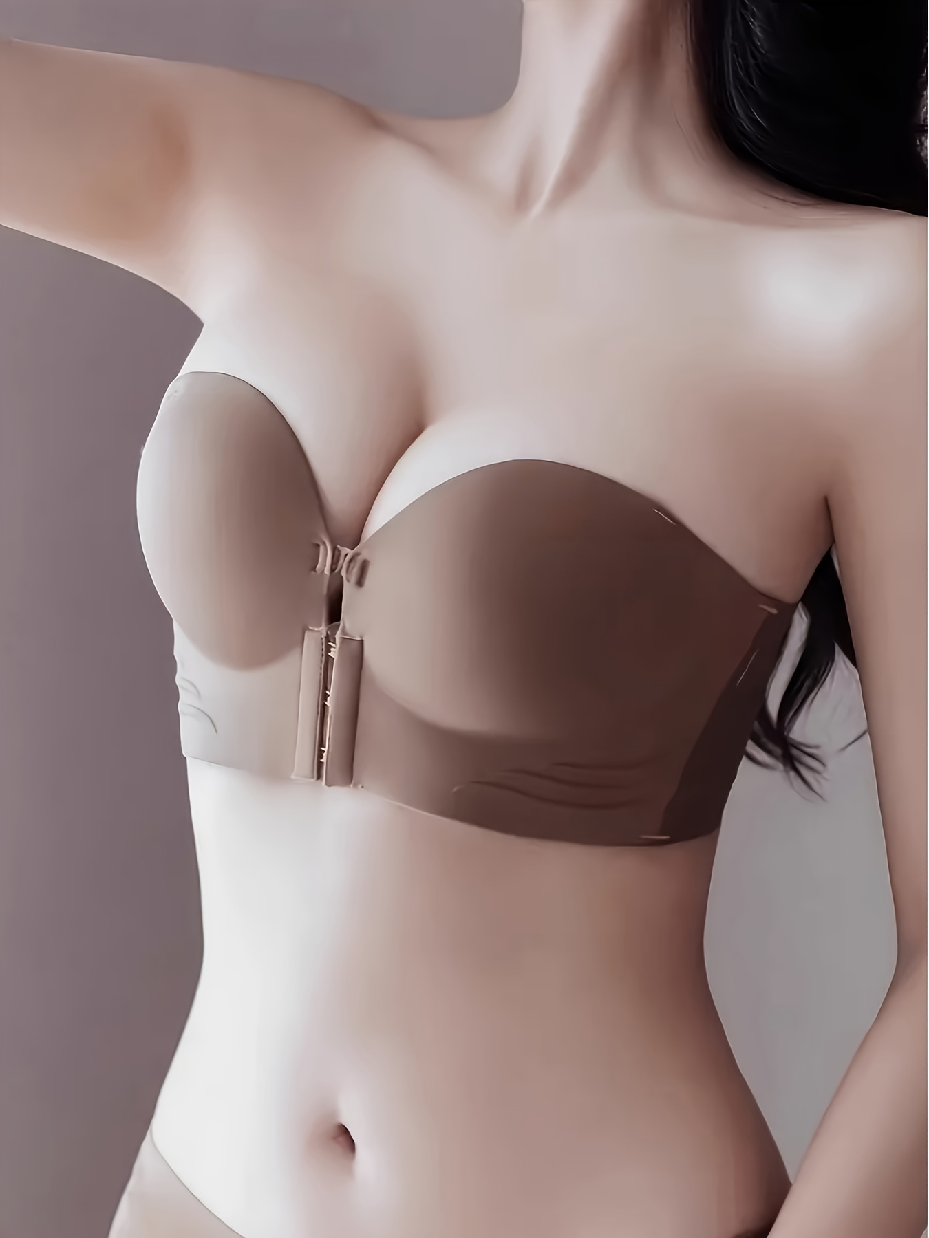 Women's Strapless Bandeau Bra with Anti-Slip Design, Invisible Lift & Front Buckle Closure, Nude Color, Low Support, Smooth Finish, Perfect for Casual Attire, Supportive Undergarment | Front Closure Top | Nylon Strapless Bra