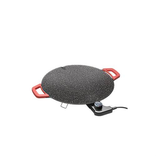 Elektrische Grillpan met Rode Handvat - Anti-aanbak Bakplaat, Gelijke Warmteverdeling, Makkelijk Schoon te Maken Oppervlak, Compatibel met Inductie en Elektrische Fornuizen (EU Stekker 220-230V) - Ideaal voor Binnen BBQ, Familiefeesten, Dagelijks Keukengebruik - Duurzame & Eenvoudige Constructie, Stijlvol Design, Hoogwaardig Bakblad, Veelzijdig Kookgerei, Geschikt voor Gezinnen