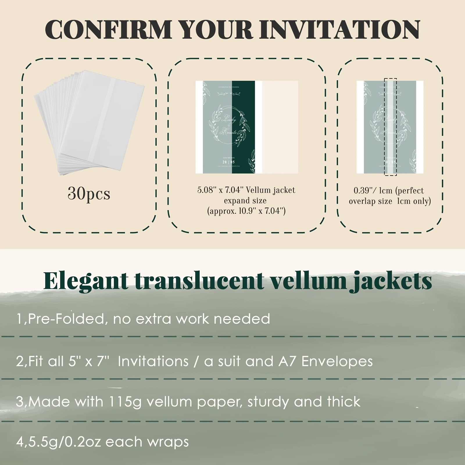 E-shop 30er Pack (12,7x17,6 cm) Vorgefaltete Vellum-Umschläge für 5x7 Einladungen, elegantes, blankes Vellum-Papier, 115 GSM, halbtransparente