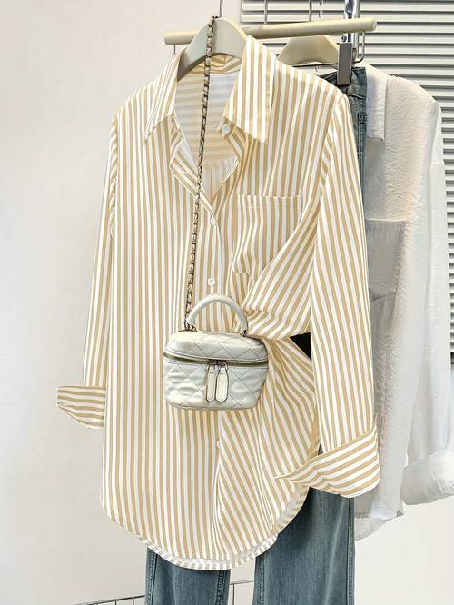 womens elegant striped button shirt with chest pocket long sleeve button up blouse for office casual attire vertical striation vertical stripes machine washable buttonshirt top no