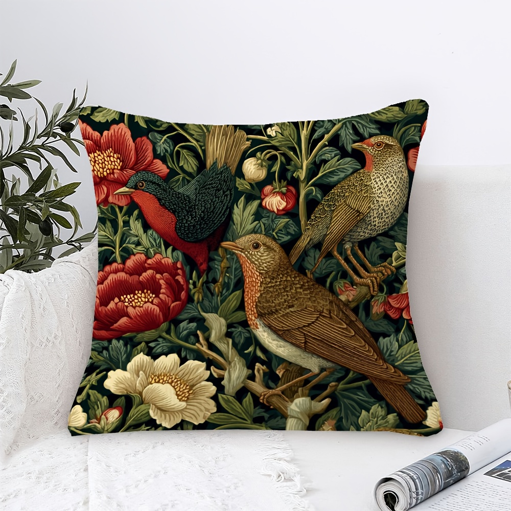 TEMU 1pc William Elegant Decorative Pillowcase Featuring A Double-sided Design With A Zipper Closure, Measuring 45.72x45.72 Cm, With Floral And Bird