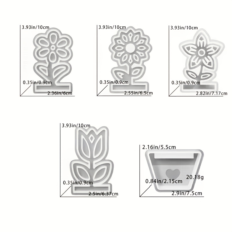 E-shop DIY Harz-Silikonform-Set, 5-teilig, hohle Blumenpaneel-Epoxidharzform, DIY Sonnenblumen-Topfpflanzen-Ornament-Silikonform, handgefertigte