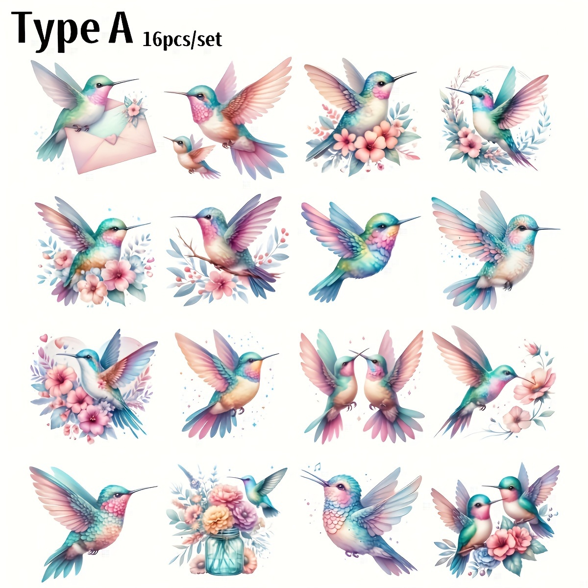 TEMU 16pcs Vintage Hummingbird Stickers Set, Cartoon Floral Diy High Quality Decals, Paper Stickers For Journal, Scrapbooking, Notebook, ,