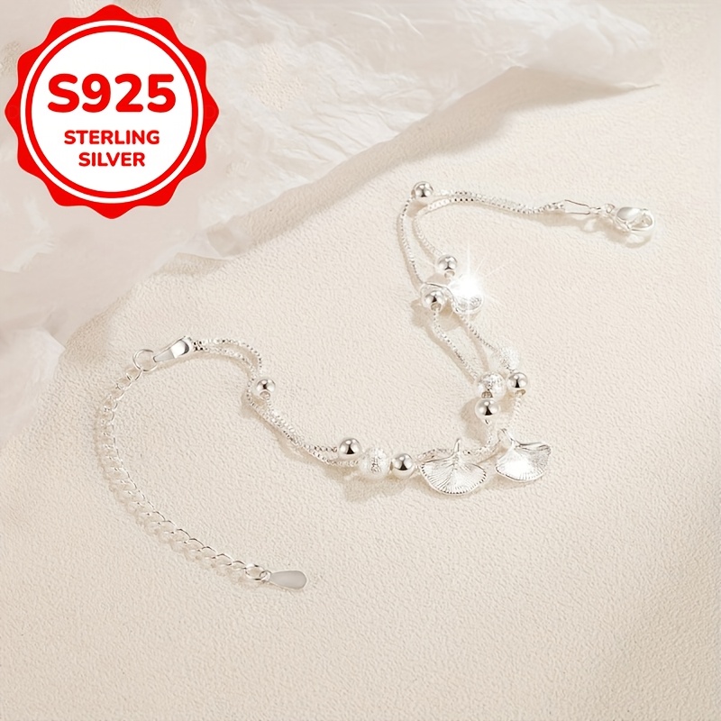 Women's S925 Sterling Double-Layer Ginkgo Leaf Pendant Bracelet
