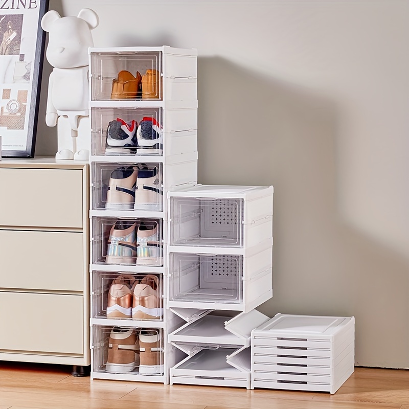 

3pc/6pc Multi-tier Folding Shoe Box With Door, Stackable Dust Proof Shoe Rack, Plastic Sneaker Container, Space Saving Storage Organizer For Entryway, Bedroom, Home, Dorm