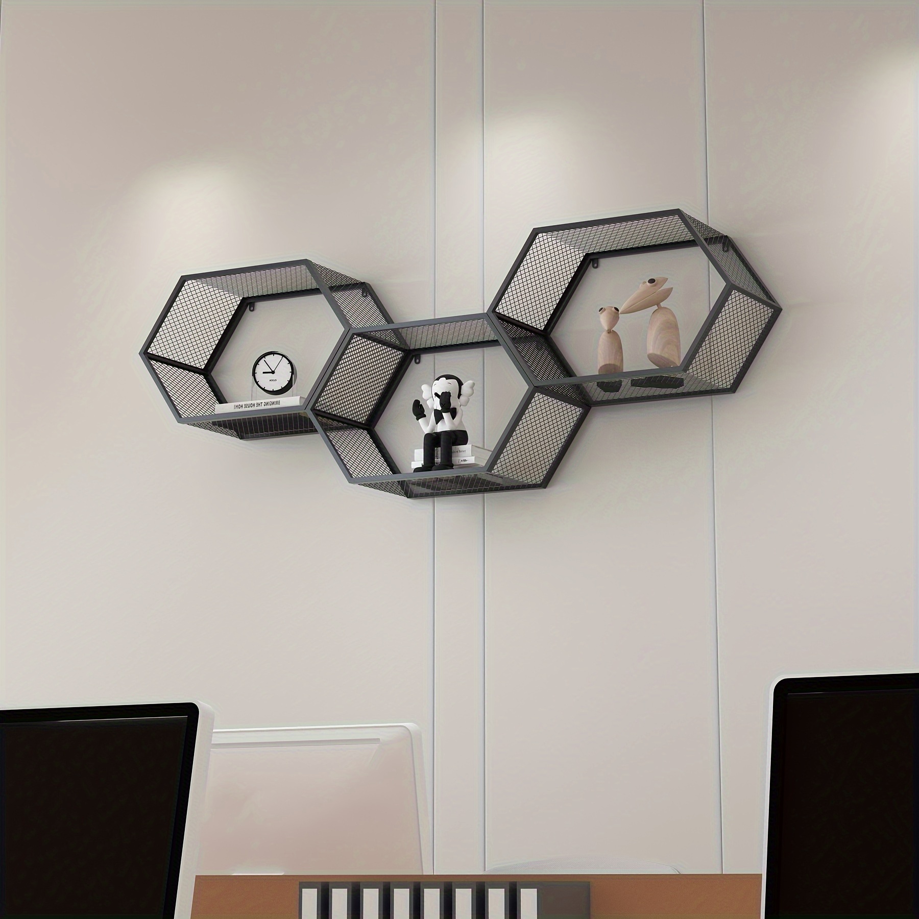 3pcs set black iron mesh wall shelves   style honeycomb display storage racks for living room bedroom office decor